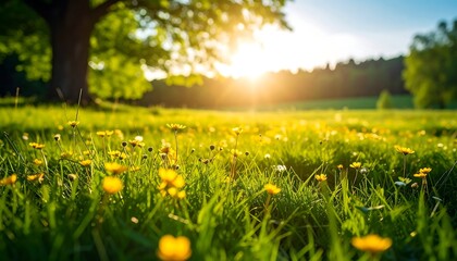 Sun-drenched meadow awakens with vibrant yellow blooms and verdant grass expanse