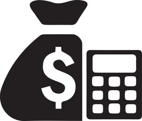 Financial Planning Icon Depicting a Sack of Money Next to a Calculator for Bookkeeping and Balanced Budget Decisions