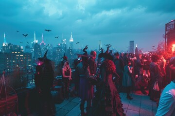 Spooky halloween party on vibrant urban rooftop at night with mysterious crowd of costumed guests and bats flying over dramatic city skyline creating festive and enchanting atmosphere
