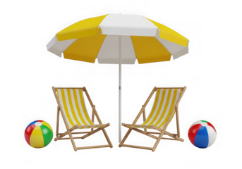 3d icon of two striped yellow and white deck chairs under a matching umbrella with colorful beach balls, isolated on transparent background