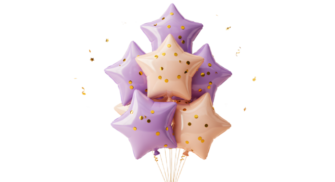 Pastel purple and peach star-shaped balloons with gold confetti, festive party decoration perfect for celebrations and birthdays - Powered by Adobe