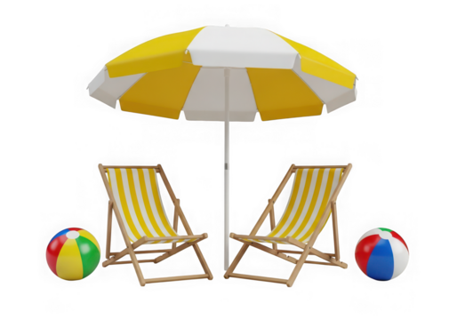 3d icon of two striped yellow and white deck chairs under a matching umbrella with colorful beach balls, isolated on transparent background
