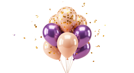 Purple and peach balloons with golden confetti floating on white background, perfect for celebrations and parties