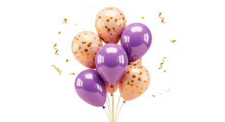 Purple and orange confetti balloons with golden ribbon and golden confetti decoration, festive party celebration perfect for birthday parties