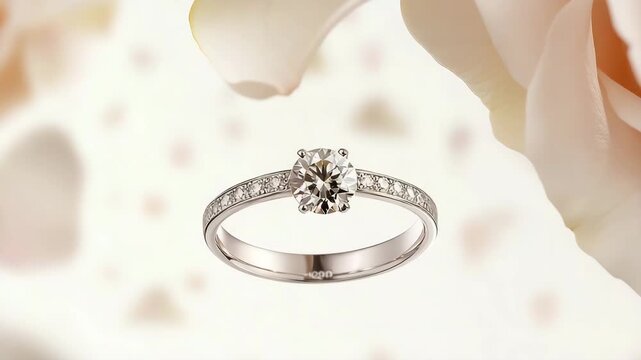 A captivating macro shot showcases the radiant sparkle of a solitaire diamond engagement ring. Set against a delicate floral backdrop, the image evokes feelings of love and commitment.