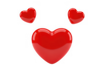 3d icon of three glossy red hearts, one large in the center and two smaller ones above, isolated on a transparent background, symbolizing love and affection