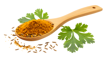 Wooden spoon filled with ground turmeric and fresh green parsley leaves isolated on white background, perfect for cooking and healthy recipes