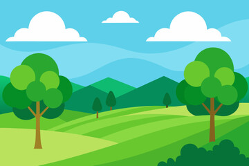 Fototapeta premium Stylized green rolling hills with trees and clouds under a blue sky