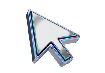 3d icon of a metallic computer mouse cursor arrow pointer with a blue glowing outline, isolated on transparent background