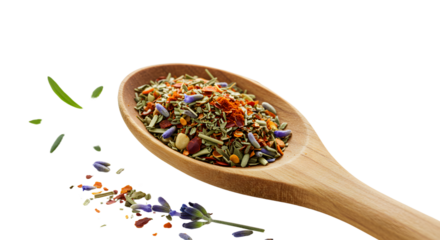 Wooden spoon with colorful mixed dried herbs and flowers for cooking and seasoning, perfect for culinary use