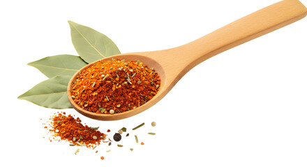 Wooden spoon with crushed red chili flakes and bay leaves isolated on white background, perfect for cooking and seasoning recipes