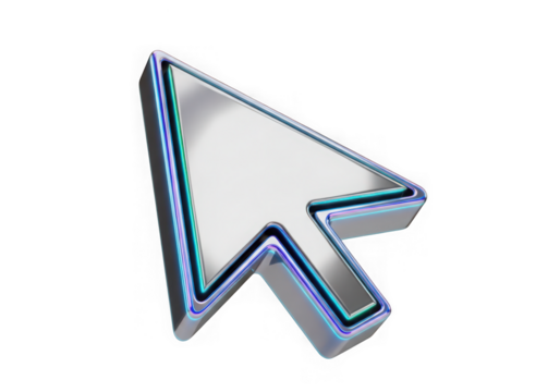 3d icon of a metallic computer mouse cursor arrow pointer with a blue glowing outline, isolated on transparent background