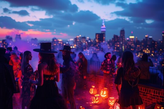 Halloween rooftop party at night with city skyline views and costumed crowd celebrating festive urban atmosphere with glowing jackolanterns