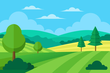 Fototapeta premium Vibrant flat illustration of a rolling green landscape with trees and clouds