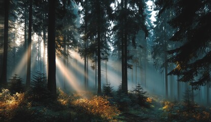 Obraz premium Ethereal misty forest with tall trees and sun rays shining through the fog at sunrise, tranquil nature landscape with soft light and atmospheric mood in the early morning woodland scenery