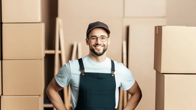 A confident and friendly delivery man stands ready in a storage room, surrounded by numerous stacked cardboard boxes, embodying the spirit of moving, delivery, and the logistics industry.
