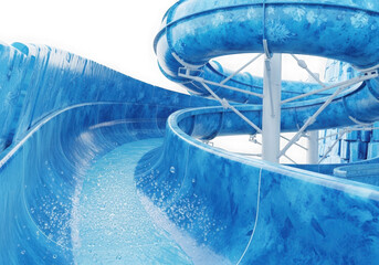A bright blue waterslide spirals down at a waterpark promising fun and excitement for all during the summer vacation isolated on transparent background