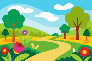 Fototapeta premium Vibrant cartoon landscape with winding path and blooming flowers