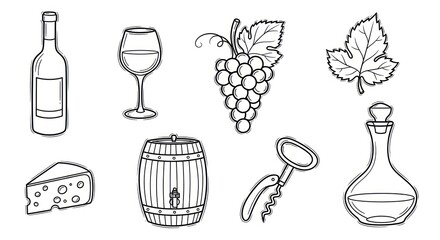 Classic Winemaking and Tasting Icons in a Bold Hand-Drawn Line Art Style.