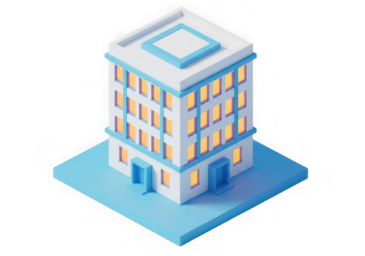 3d icon of modern isometric office building with blue and white facade, yellow windows, and blue base, isolated on transparent background