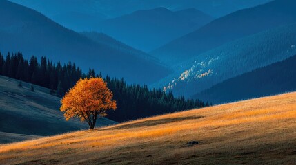 Autumnal solitary tree on a hillside, with a backdrop of dark blue mountains