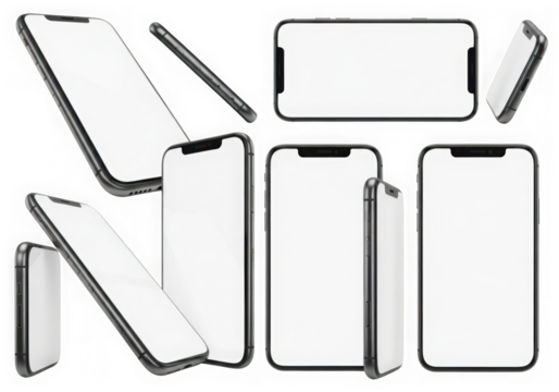 3d icon of collection of modern smartphones in various orientations and perspectives, isolated on transparent background