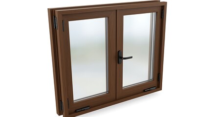 A close up of a brown wooden window frame with a black handle against a white background studio shot