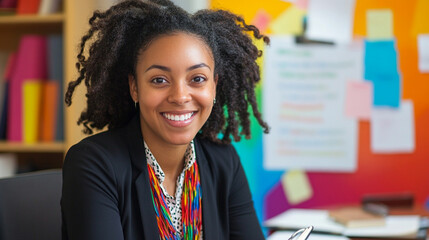 Close-up of a smiling secretary at a nonprofit organization, colorful wall with mission statement behind, clipboard and badges on desk