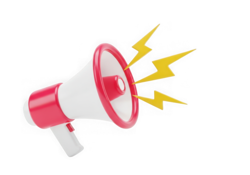 3d icon of a red and white megaphone with yellow lightning bolts emanating from it, symbolizing an announcement or important message, isolated on transparent background