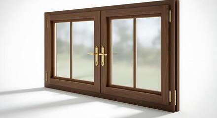 Fototapeta premium A closed brown wooden window with gold handles and hinges on a white background with a shadow