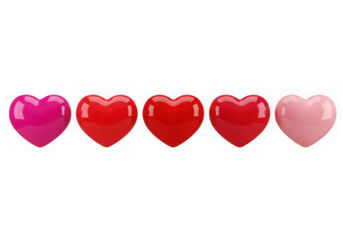 3d icon of group of five shiny glossy 3d hearts in red and pink isolated on transparent background for love and romance