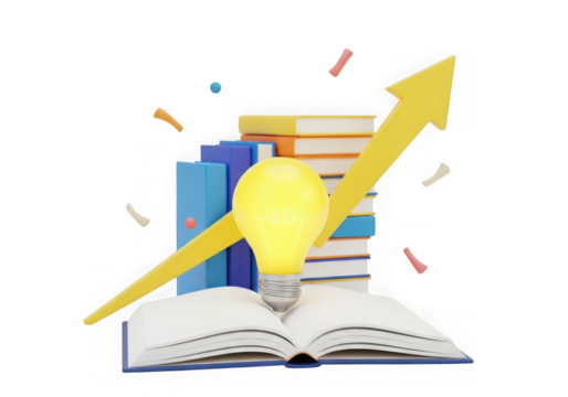 3d icon of open book with a glowing light bulb and upward arrow symbolizing education, knowledge, and successful growth isolated on transparent background