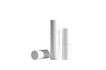 Three white cylindrical containers, possibly for skincare or cosmetic products, in various sizes, arranged in a slightly staggered position.  The containers have smooth surfaces and capped tops