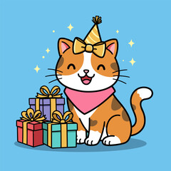 Orange-and-white cartoon cat with party hat and bow, sitting beside wrapped gifts on a blue background with sparkles.