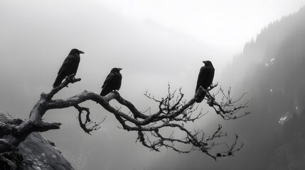 Three crows on twisted branches of a leafless tree, mist drifting through a rocky mountain valley