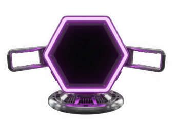3d icon of futuristic glowing hexagon with purple neon light and metallic base, isolated on transparent background