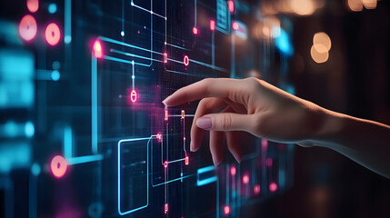 A hand interacting with a digital interface featuring glowing lines and geometric shapes on a dark screen