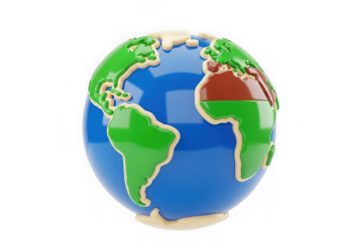 3d icon of a stylized cartoon globe showing continents in green and brown, isolated on transparent background