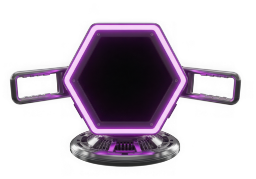 3d icon of futuristic glowing hexagon with purple neon light and metallic base, isolated on transparent background - Powered by Adobe