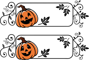 Two decorative halloween labels with pumpkins and floral elements for holiday projects and crafts design