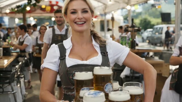 Busty blonde serving beer, Oktoberfest barmaid