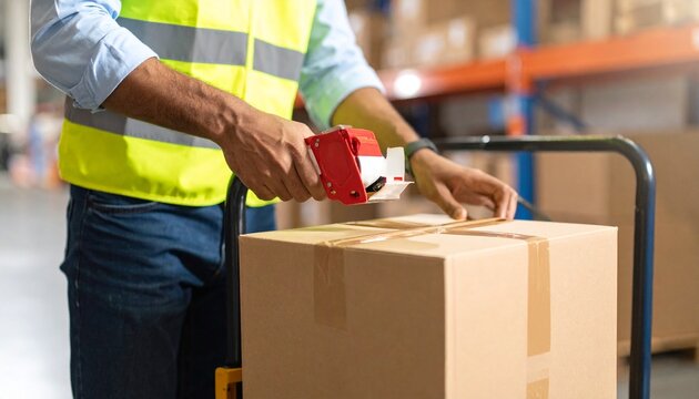 A warehouse worker in a high-visibility vest uses a tape dispenser to seal a cardboard box on a trolley.