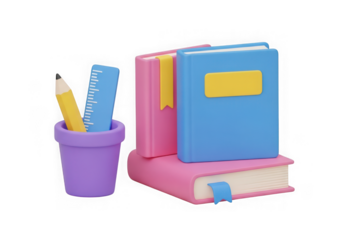 3d icon of stack of colorful books with a pencil and ruler in a pot isolated on transparent background