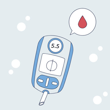 Blue glucose meter with blood drop icon and reading blood sugar diabetes
