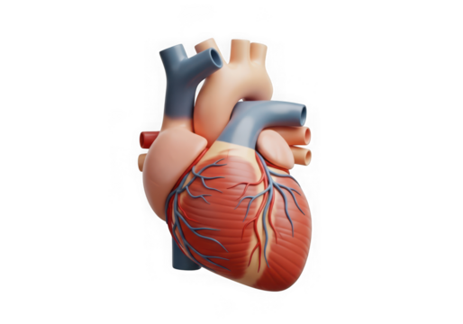 3d icon of realistic 3d model of a human heart showing arteries and veins, isolated on transparent background