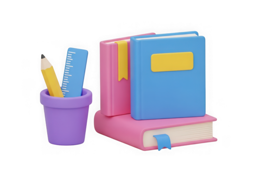 3d icon of stack of colorful books with a pencil and ruler in a pot isolated on transparent background