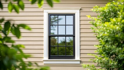 Fototapeta premium Classic double hung window framed by lush green foliage