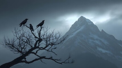 Fototapeta premium Dark and moody mountain backdrop with a barren tree and three crows in the foreground
