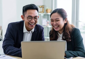 Fototapeta premium Young Asian Professionals Collaborate in a Bright Modern Office with Engaging Digital Tools