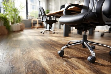 Office chairs on hardwood floor, interior view